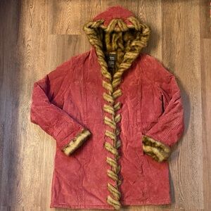 Dennis Basso 100% leather red Coat with Faux Fur Trim and hood
